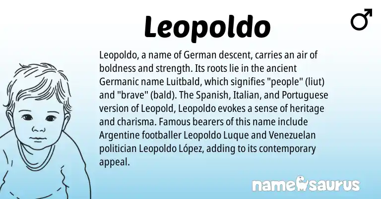 Infographic about Leopoldo name meaning, Leopoldo is a name from Spanish, Germanic, Italian, German, Portuguese origin(s).