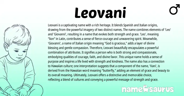 Infographic about Leovani name meaning, Leovani is a name from Italian, Spanish origin(s).