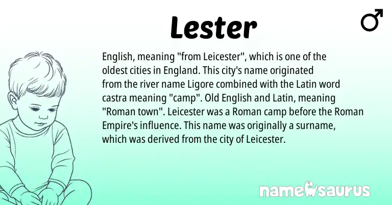 Infographic about Lester name meaning, Lester is a name from English, England, Roman, Latin, Old English origin(s).