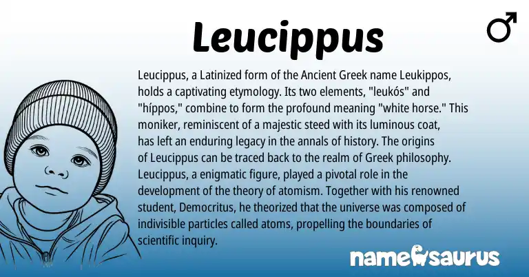 Infographic about Leucippus name meaning, Leucippus is a name from Ancient Greek, Greek origin(s).