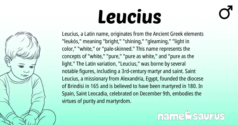 Infographic about Leucius name meaning, Leucius is a name from Spain, Ancient Greek, Latin origin(s).
