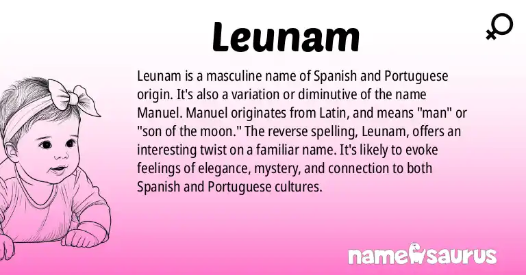 Infographic about Leunam name meaning, Leunam is a name from Spanish (Latin American), Portuguese (Brazilian) origin(s).