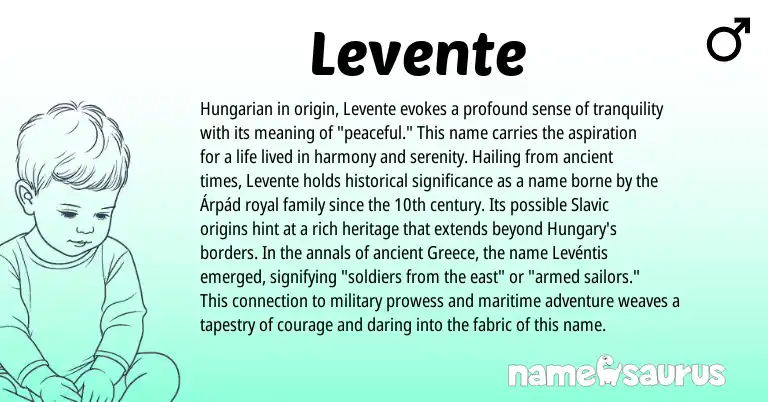 Infographic about Levente name meaning, Levente is a name from Slavic, Hungarian, Greece origin(s).