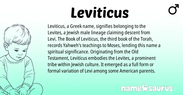 Infographic about Leviticus name meaning, Leviticus is a name from Jewish, Torah, American, Greek origin(s).