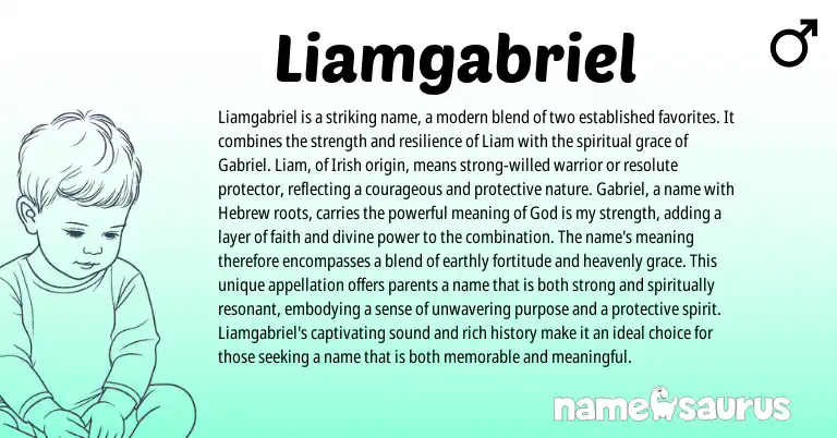 Infographic about Liamgabriel name meaning, Liamgabriel is a name from Hebrew, Irish origin(s).