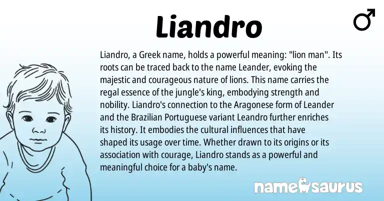 Infographic about Liandro name meaning, Liandro is a name from Portuguese, Brazilian, Aragonese, Greek origin(s).