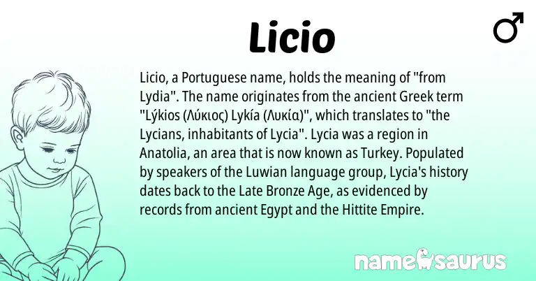 Infographic about Licio name meaning, Licio is a name from Hittite, Greek, Portuguese origin(s).