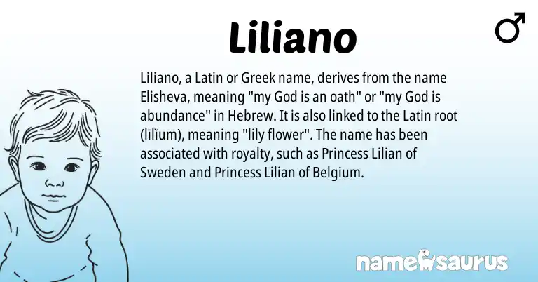 Infographic about Liliano name meaning, Liliano is a name from Latin, Hebrew, Greek origin(s).