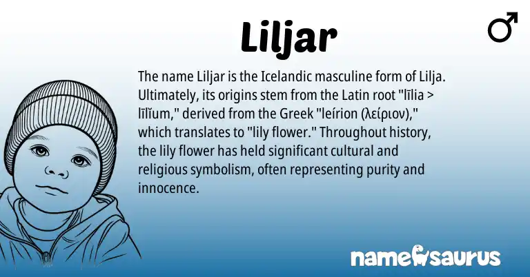 Infographic about Liljar name meaning, Liljar is a name from Latin, Icelandic, Greek origin(s).