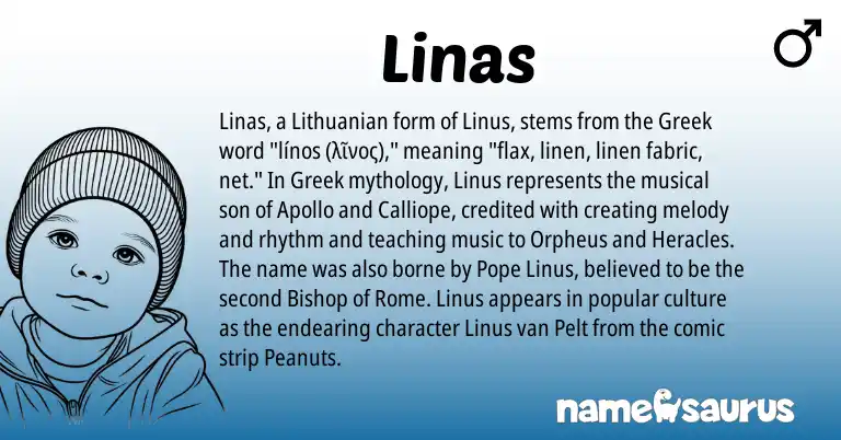 Infographic about Linas name meaning, Linas is a name from Lithuanian, Greek origin(s).