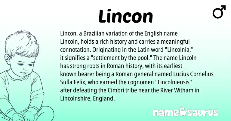 Infographic about Lincon name meaning, Lincon is a name from English, England, Roman, Latin, Brazilian origin(s).