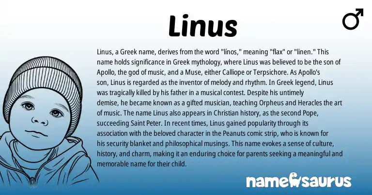 Infographic about Linus name meaning, Linus is a name from Greek origin(s).