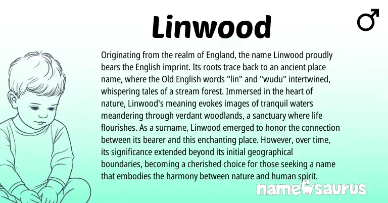 Infographic about Linwood name meaning, Linwood is a name from Old English, English, England origin(s).