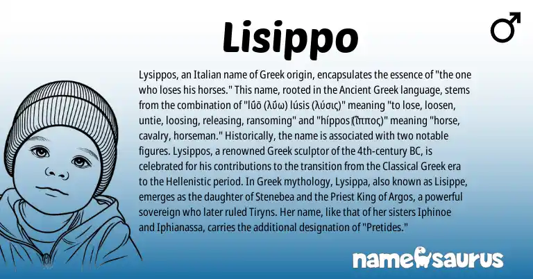 Infographic about Lisippo name meaning, Lisippo is a name from Ancient Greek, Greek, Italian origin(s).