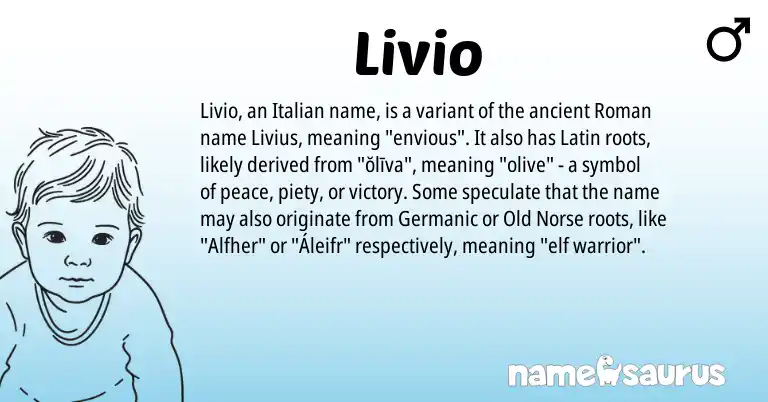 Infographic about Livio name meaning, Livio is a name from Old Norse, Germanic, Roman, Latin, Italian origin(s).