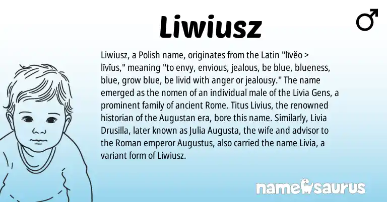 Infographic about Liwiusz name meaning, Liwiusz is a name from Roman, Polish, Latin origin(s).