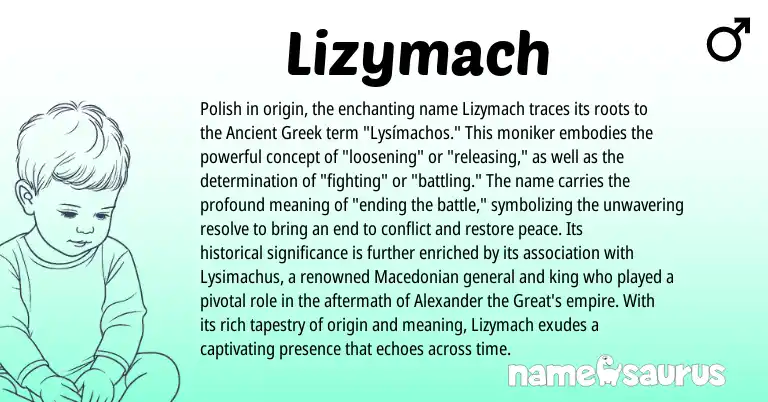Infographic about Lizymach name meaning, Lizymach is a name from Polish, Ancient Greek, Macedonian origin(s).