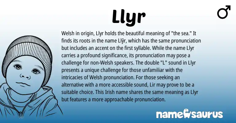 Infographic about Llyr name meaning, Llyr is a name from Irish, Welsh origin(s).