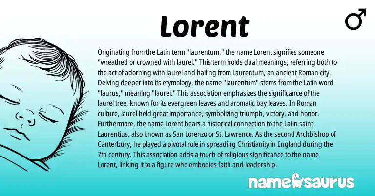 Infographic about Lorent name meaning, Lorent is a name from Roman, Christianity, Latin, England origin(s).