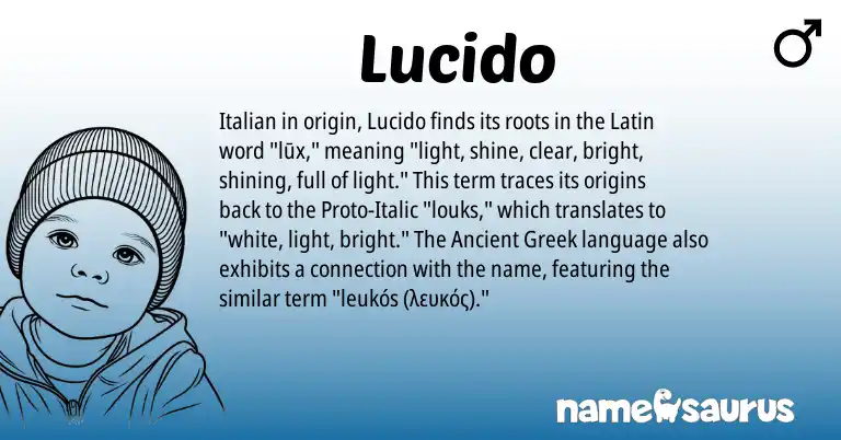 Infographic about Lucido name meaning, Lucido is a name from Ancient Greek, Latin, Italian origin(s).