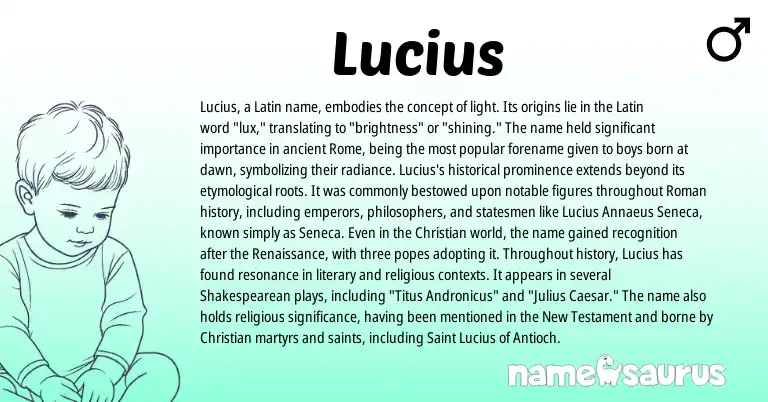 Infographic about Lucius name meaning, Lucius is a name from Roman, Shakespearean, Latin, Even origin(s).