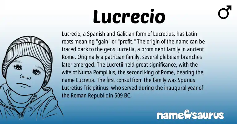 Infographic about Lucrecio name meaning, Lucrecio is a name from Galician, Spanish, Roman, Latin origin(s).