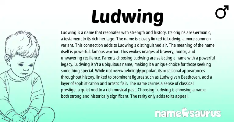 Infographic about Ludwing name meaning, Ludwing is a name from Germanic origin(s).