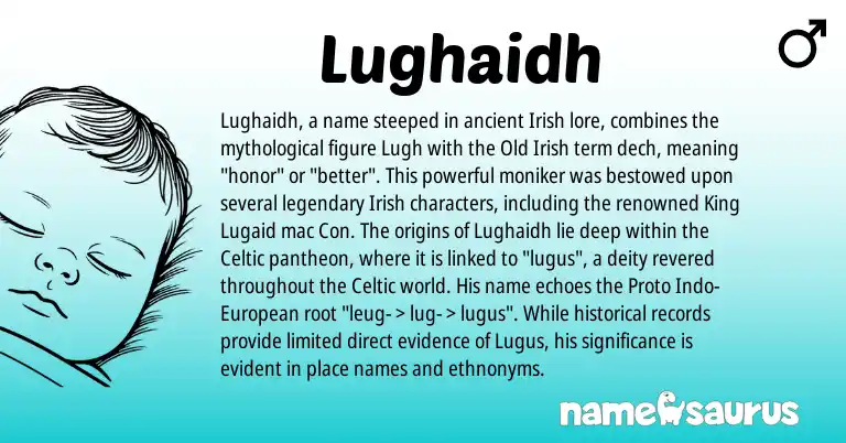 Infographic about Lughaidh name meaning, Lughaidh is a name from Irish, Celtic, Old Irish, European origin(s).