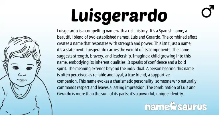 Infographic about Luisgerardo name meaning, Luisgerardo is a name from Spanish origin(s).