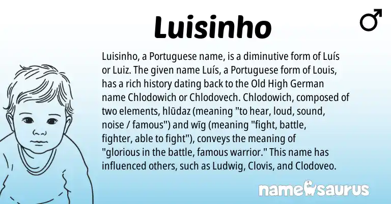 Infographic about Luisinho name meaning, Luisinho is a name from Old High German, Portuguese origin(s).