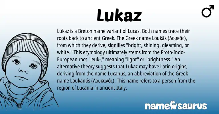 Infographic about Lukaz name meaning, Lukaz is a name from Latin, Greek, European, Breton origin(s).