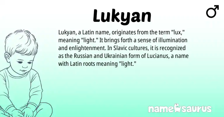 Infographic about Lukyan name meaning, Lukyan is a name from Russian, Slavic, Latin, Ukrainian origin(s).