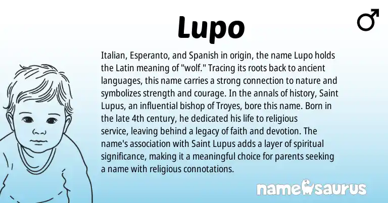 Infographic about Lupo name meaning, Lupo is a name from Spanish, Latin, Esperanto, Italian origin(s).