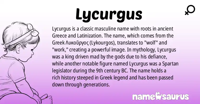 Infographic about Lycurgus name meaning, Lycurgus is a name from Greek Mythology (Latinized), Ancient Greek (Latinized) origin(s).