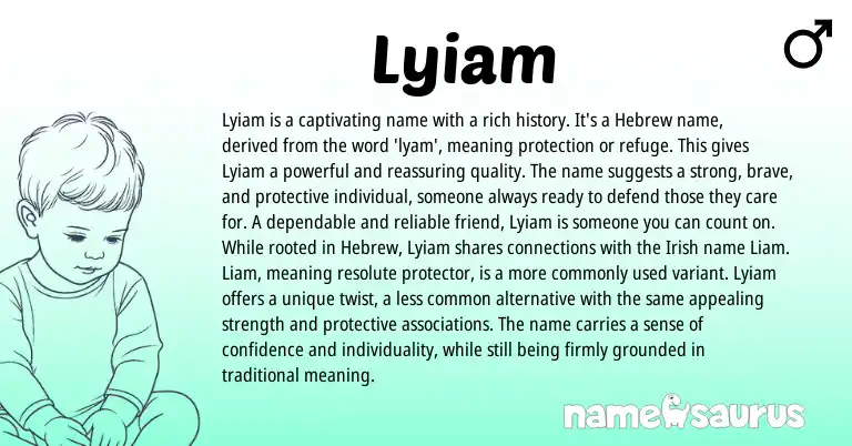 Infographic about Lyiam name meaning, Lyiam is a name from Hebrew, Irish origin(s).