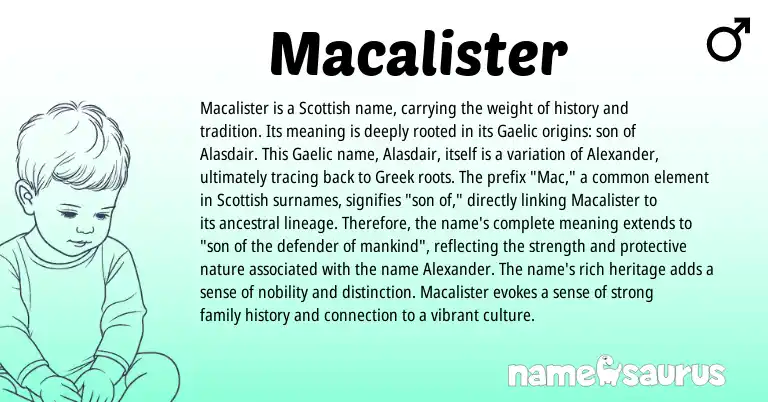 Infographic about Macalister name meaning, Macalister is a name from Scottish, Gaelic, Greek origin(s).