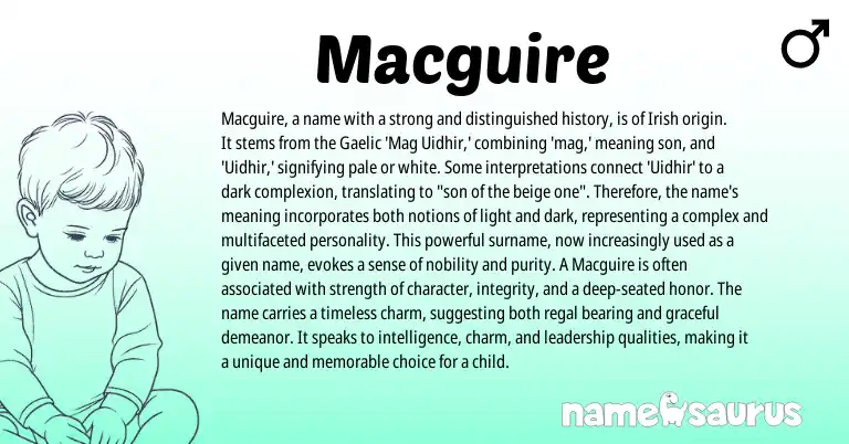 Infographic about Macguire name meaning, Macguire is a name from Gaelic, Irish origin(s).