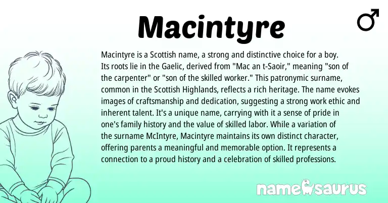 Infographic about Macintyre name meaning, Macintyre is a name from Scottish, Gaelic, Ga origin(s).