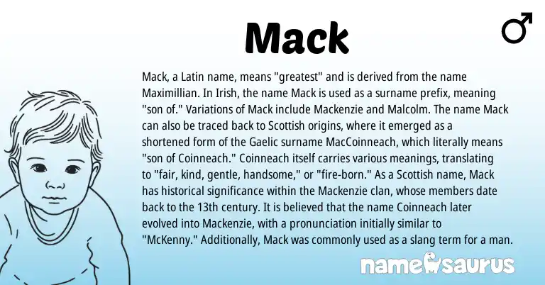 Infographic about Mack name meaning, Mack is a name from Irish, Gaelic, Latin, Scottish origin(s).