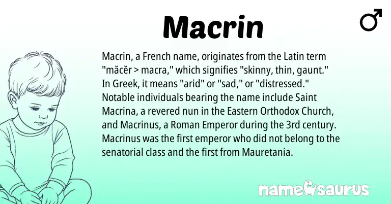 Infographic about Macrin name meaning, Macrin is a name from Roman, French, Latin, Greek origin(s).