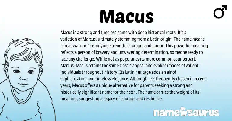 Infographic about Macus name meaning, Macus is a name from Latin origin(s).