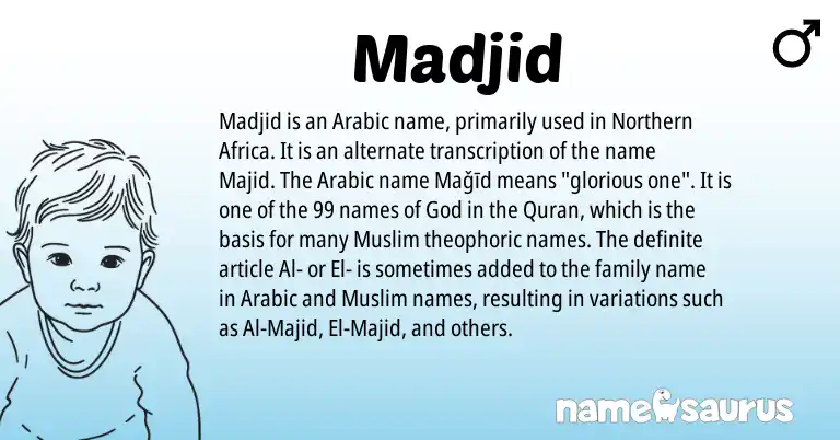 Infographic about Madjid name meaning, Madjid is a name from Arabic, Muslim origin(s).