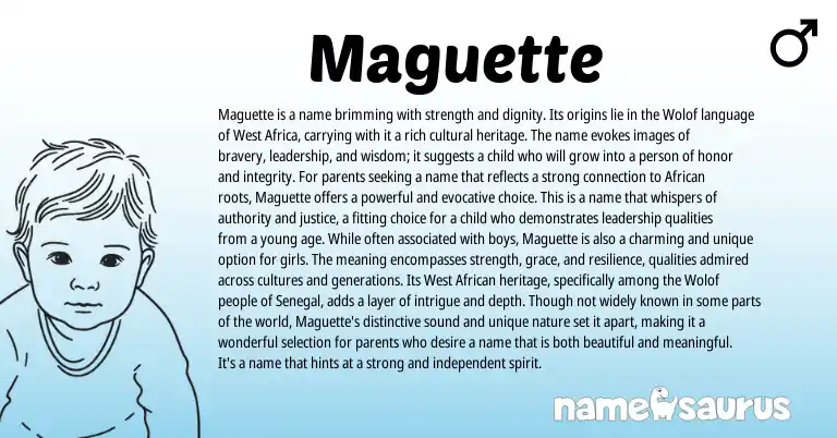 Infographic about Maguette name meaning, Maguette is a name from African, Wolof, Western origin(s).
