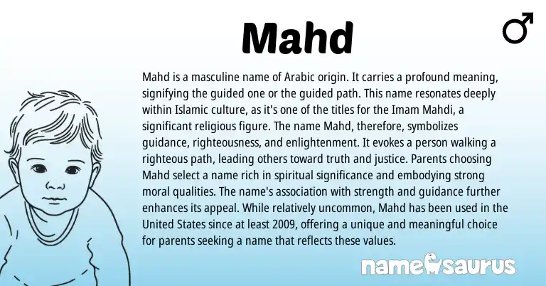 Infographic about Mahd name meaning, Mahd is a name from Arabic origin(s).