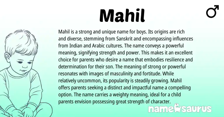 Infographic about Mahil name meaning, Mahil is a name from Sanskrit origin(s).