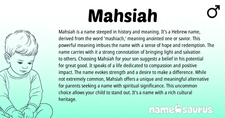 Infographic about Mahsiah name meaning, Mahsiah is a name from Hebrew origin(s).