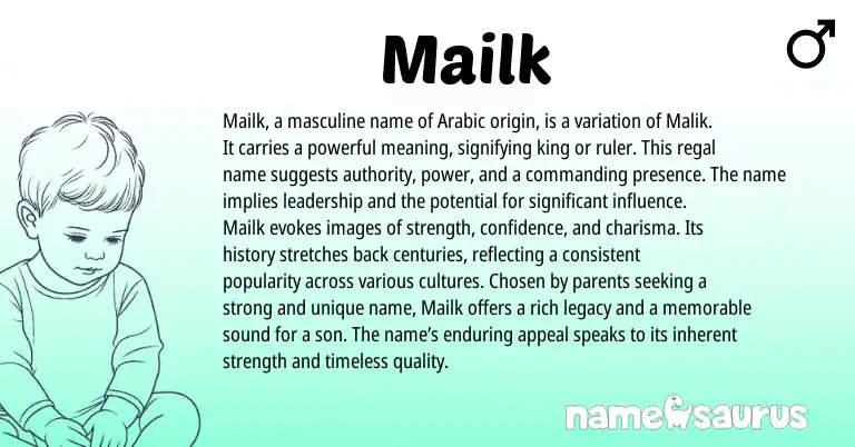 Infographic about Mailk name meaning, Mailk is a name from Arabic origin(s).