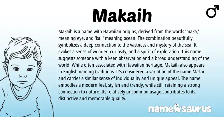 Infographic about Makaih name meaning, Makaih is a name from Hawaiian origin(s).