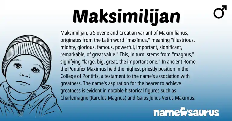 Infographic about Maksimilijan name meaning, Maksimilijan is a name from Croatian, Slovene, Latin origin(s).