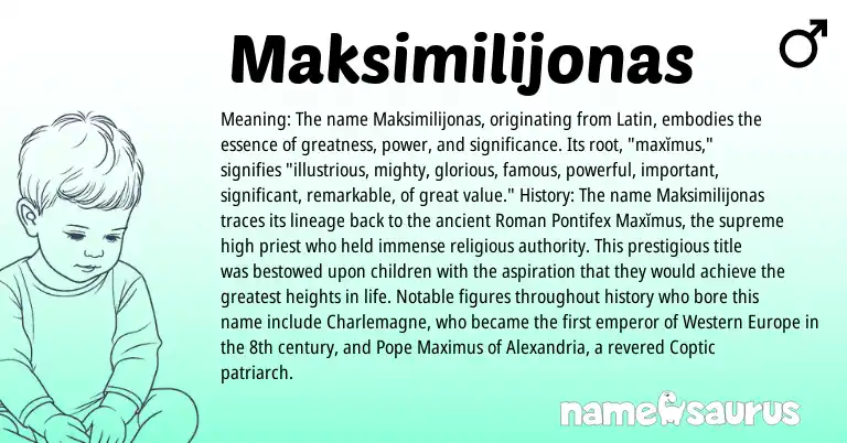 Infographic about Maksimilijonas name meaning, Maksimilijonas is a name from Roman, Latin, Coptic origin(s).